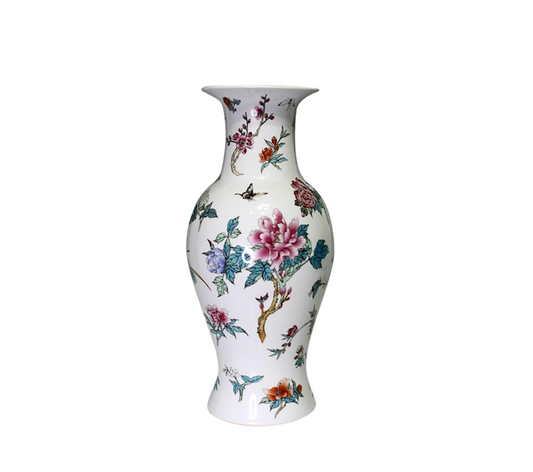 Large Vintage Chinese Famille Rose White Porcelain Vase With Flowers, Dragonflies and Insects 18"