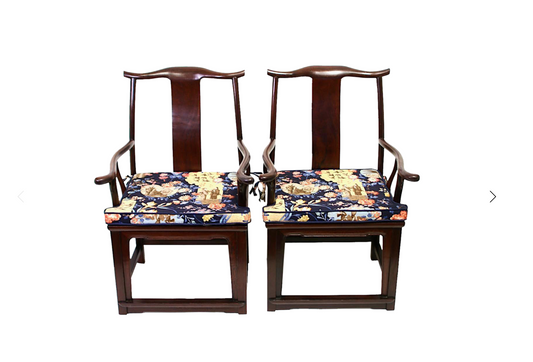 Fine Antique Chinese Officials Rosewood Chairs With Chinoiserie Navy Cushions, a Pair