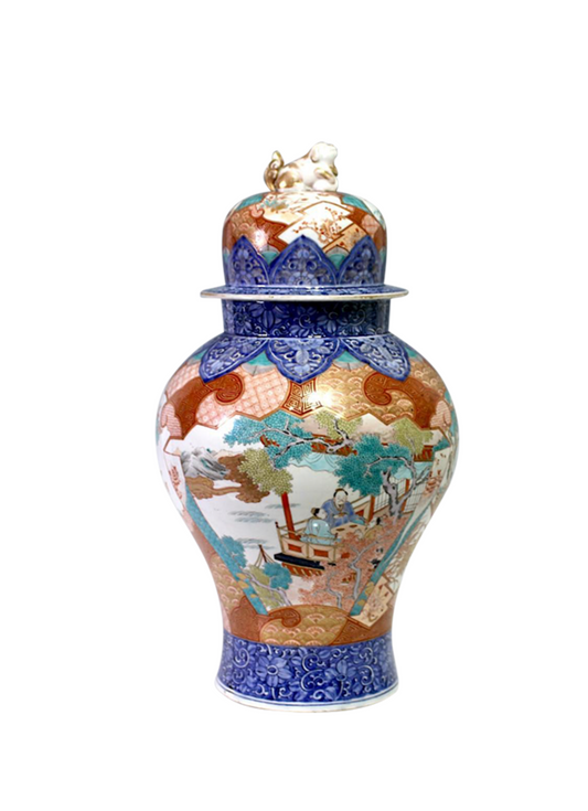 Large 19th. Century Antique Meiji Period Japanese Imari Porcelain Jar With Foo Lion Finial (Ginger Jar)