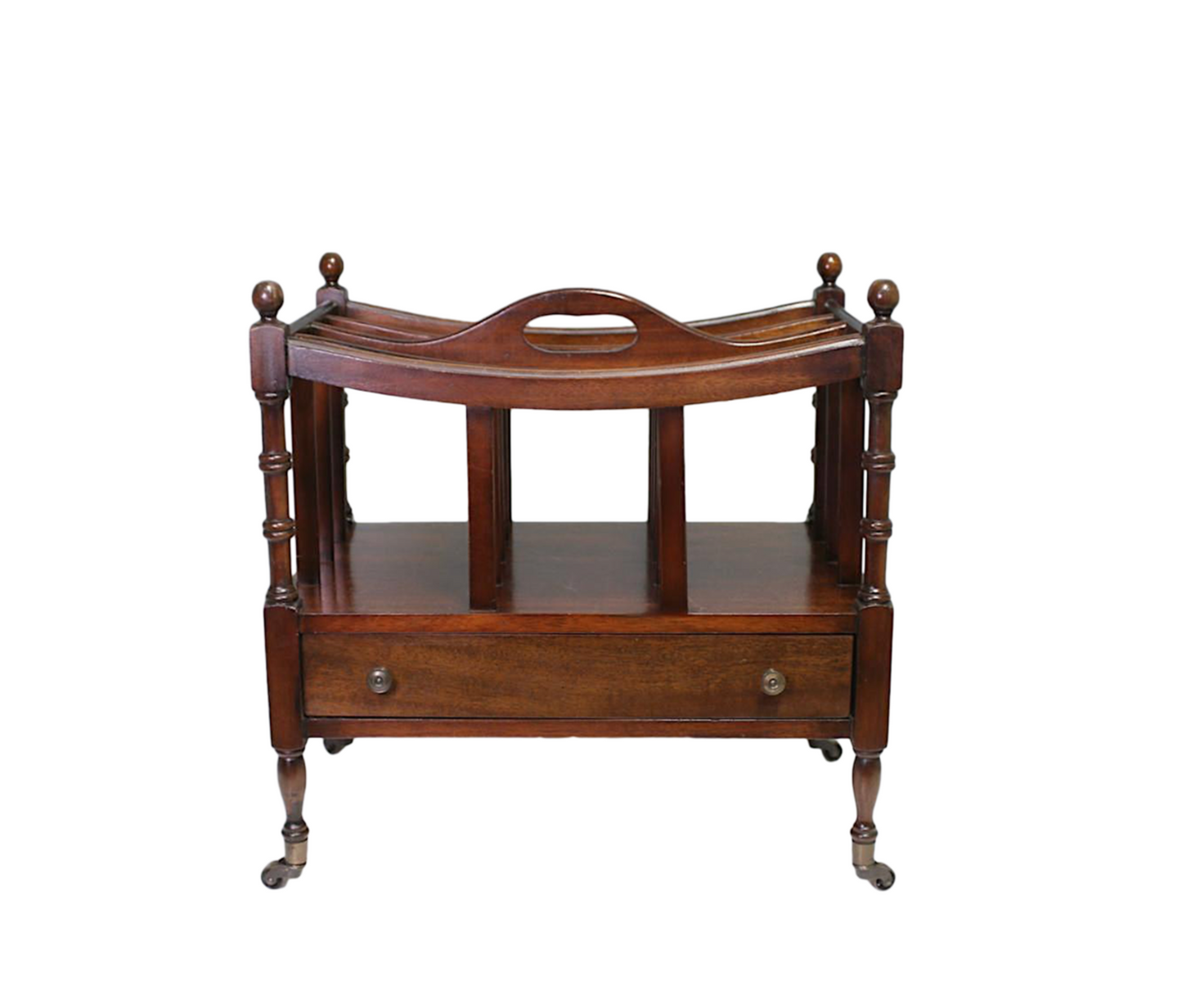 Fine Antique Mahogany Canterbury on Brass Casters with Drawer, Classic English Design 1920's