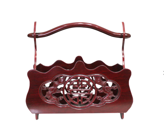 Vintage Chinese Carved Red Rosewood Canterbury or Magazine Stand With Bats