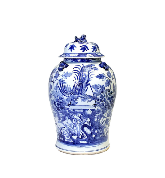 Large Antique 19th. Century Chinese Blue & White Phoenix Palace Urn / Ginger Jar With Foo Lions (Qing)