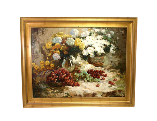 Large Vintage Original Oil on Canvas Still Life Painting of Flowers and Grapes, Signed