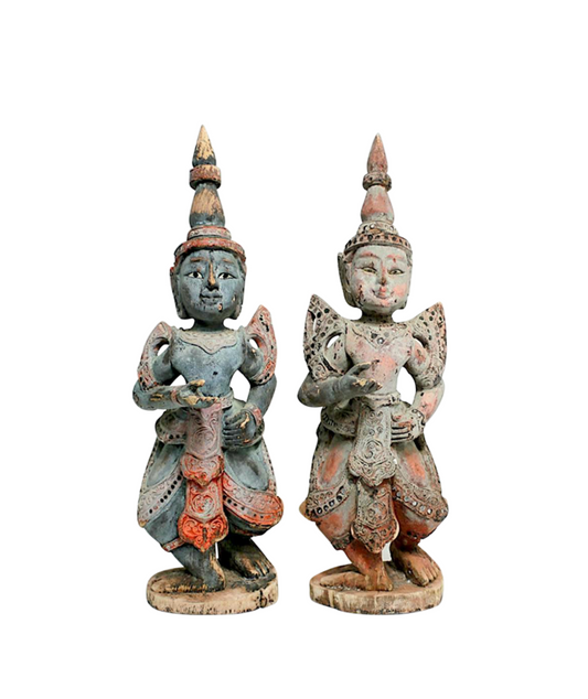 Antique Polychromed Wood Teppanom / Guardian Thai Angels, Statues or Figures - a Pair 18"