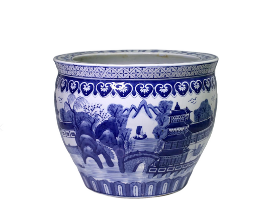 Vintage Chinese Porcelain Planter With Hand Painted Blue & White Temples & Lakes (16")