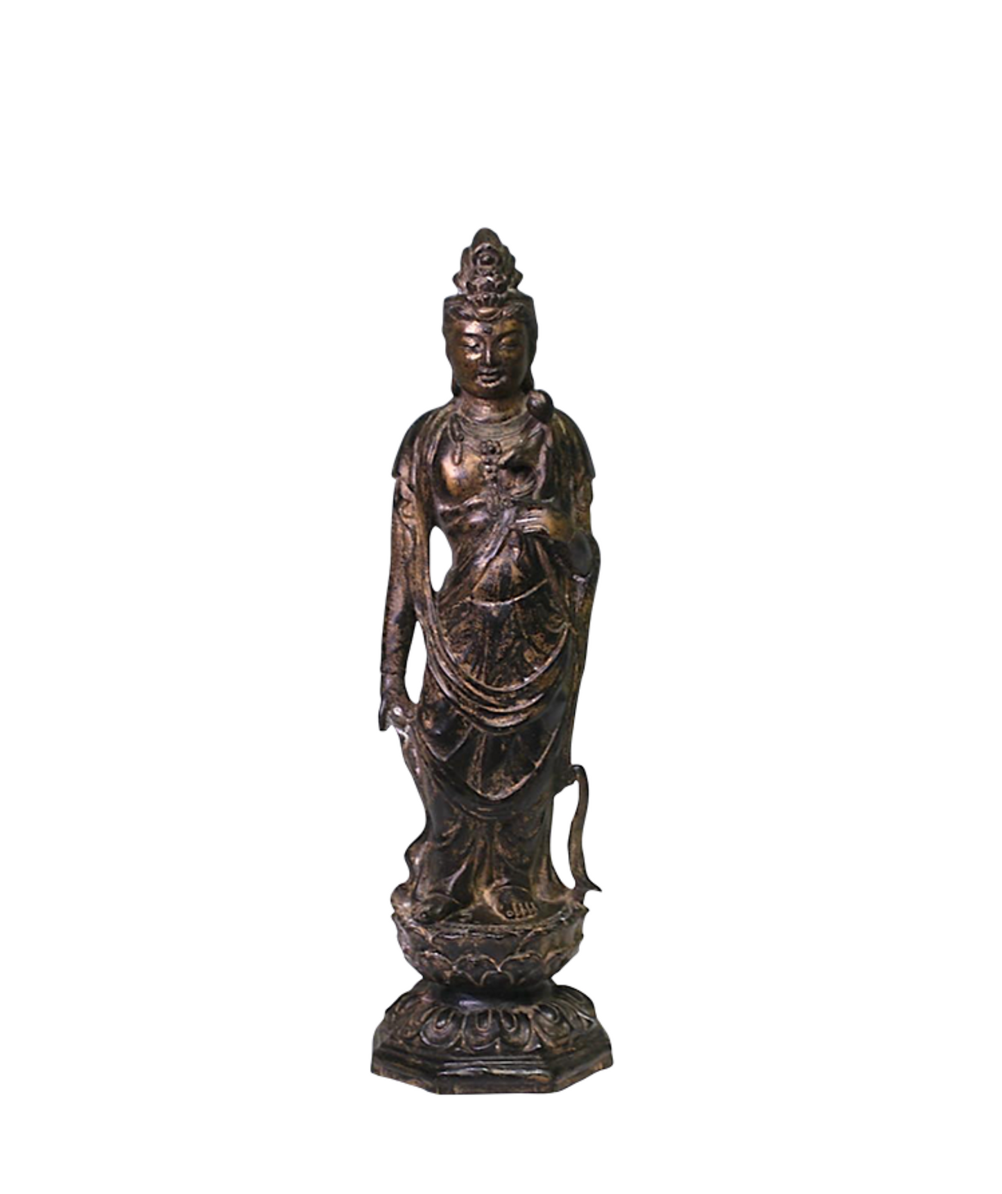 19th Century Antique Chinese Bronze & Parcel Gilt Figure of Guan Yin Standing on Lotus Platform