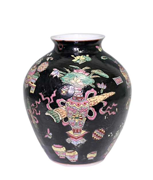 Vintage Chinese Famille Noire Porcelain Vase With Pink and Yellow Precious Objects