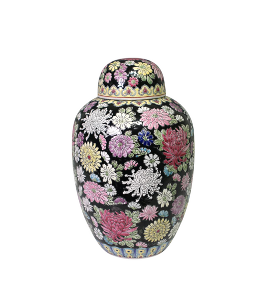 Vintage Chinese Famille Noire "One Hundred Flowers" Porcelain Ginger Jar