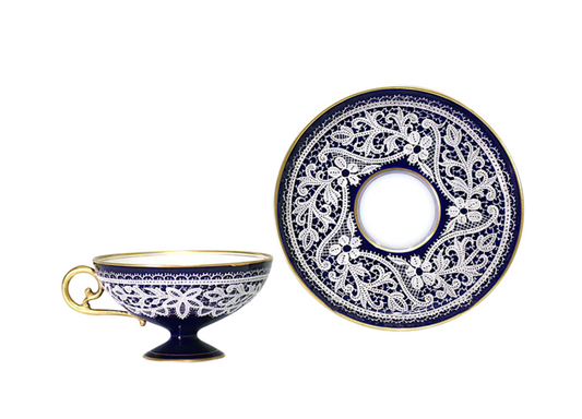 Rare Antique Testolini & Salviati Cobalt Blue and White Porcelain & Gilt Tea Cup and Saucer Set (10 Sets Available)