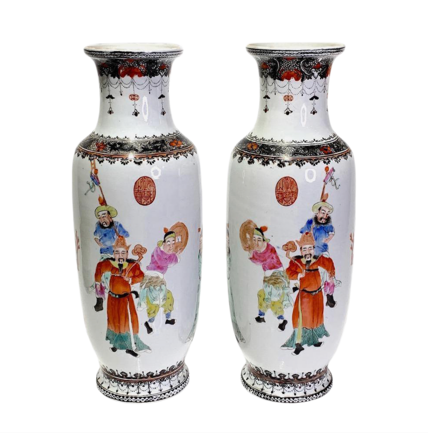 1930s Fine Colourful Republic Period Chinese White Porcelain Processional Vases - a Pair