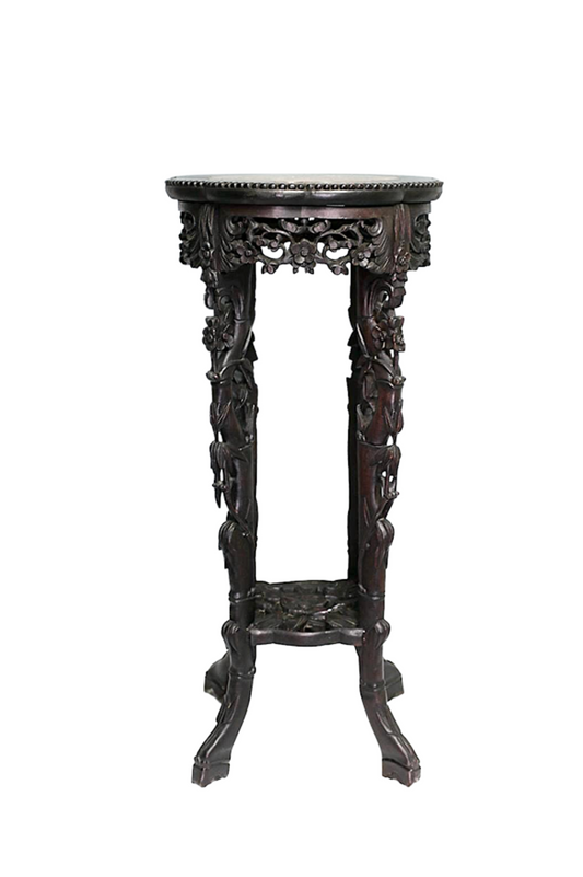 Antique Chinese Cherry Blossom Rosewood Plant Stand, Pedestal With Bamboo Detail & Pink Marble, Late Qing