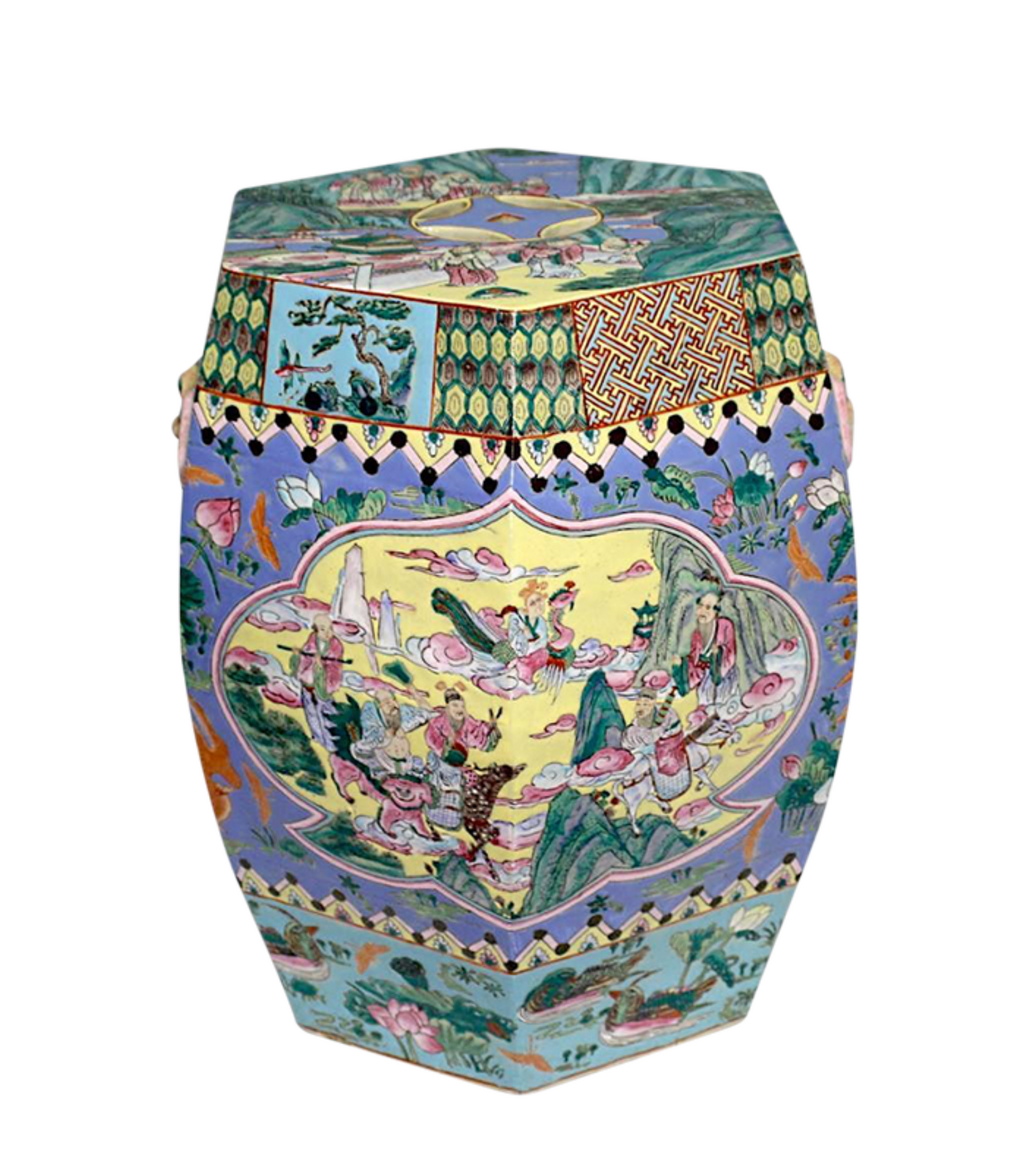 Rare Antique Qing Dynasty Chinese Porcelain Blue and Yellow Garden Drum Stool With Epic Scenes of Immortals