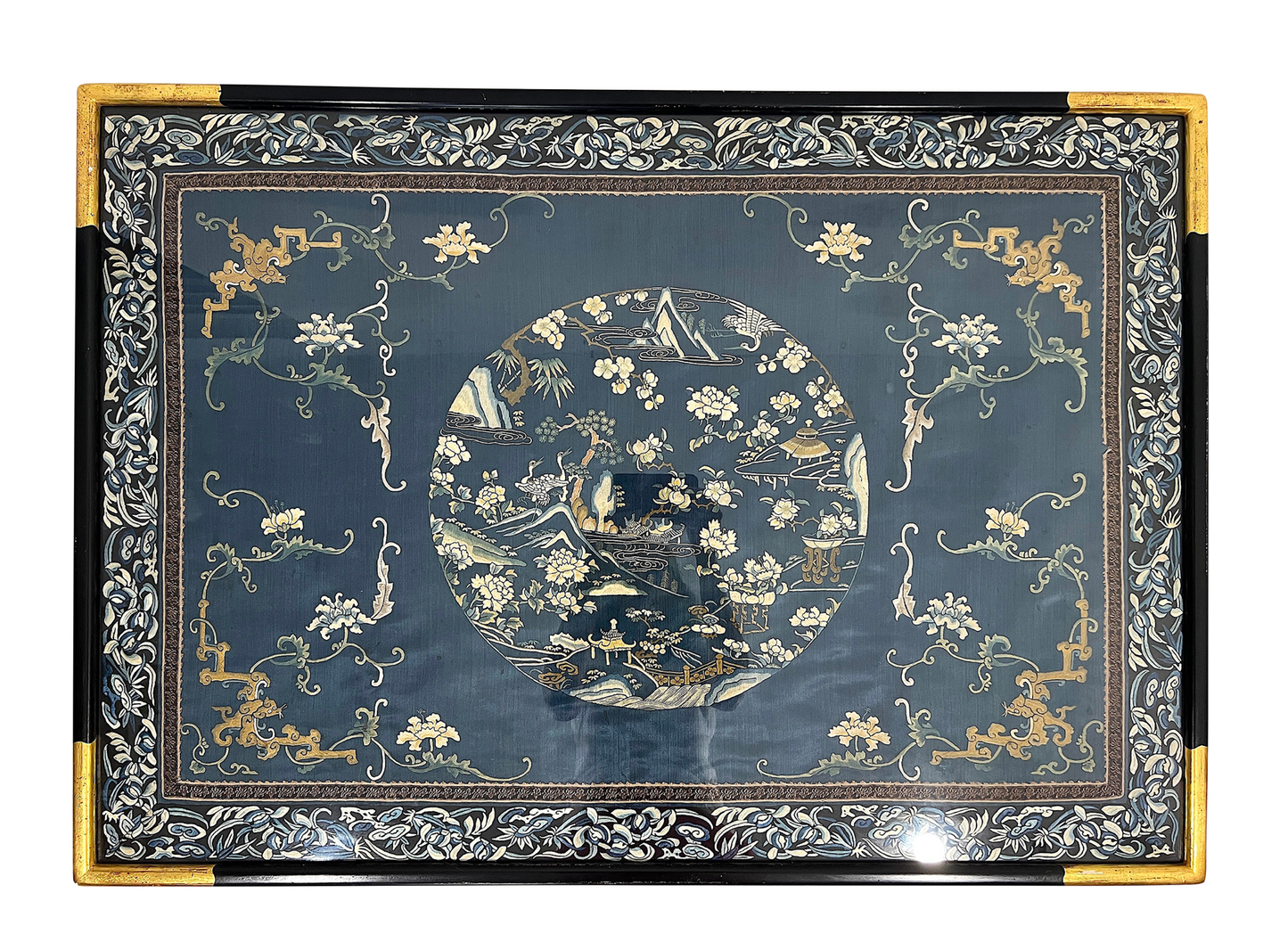 Antique Chinese Navy Blue Embroidered Silk Panel Framed, Landscape, Flowers and Golden Bats