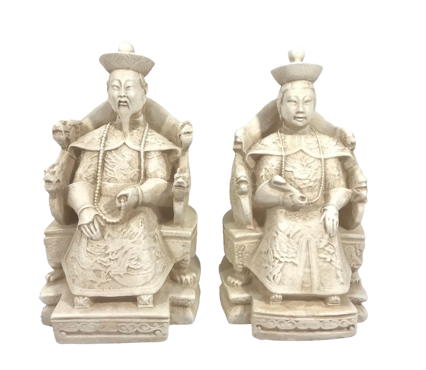 Mid Century Chinese Chalk Ware Empress and Emperor Figures (Bookends) on Dragon Thrones, a Pair