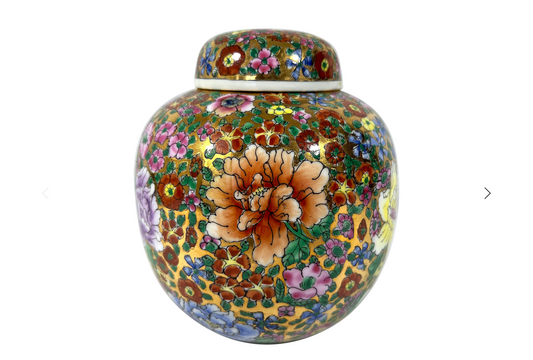 Vintage Chinese Hand Painted Gold Porcelain Ginger Jar With Multi Coloured Spring Flowers