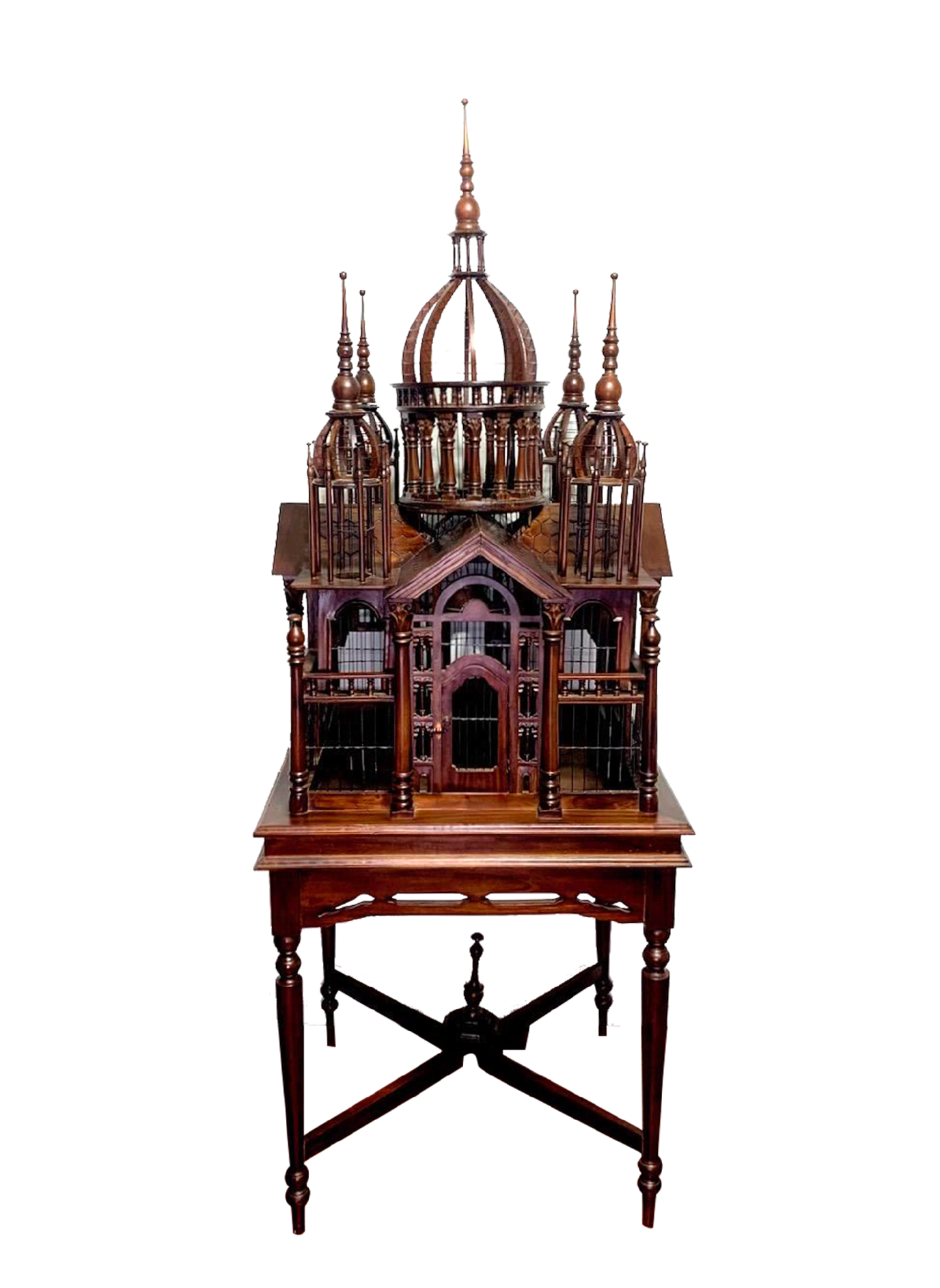 Monumental Vintage Architectural Mahogany Birdcage on Table Stand