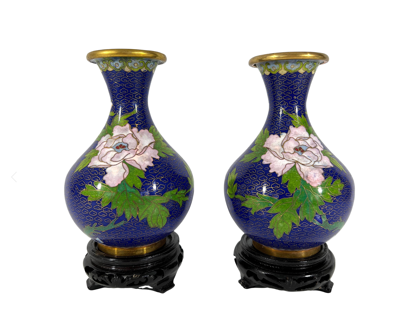 1980's Chinese Pink Peony and Cherry Blossom Blue Cloisonné Vases, a Pair, Boxed