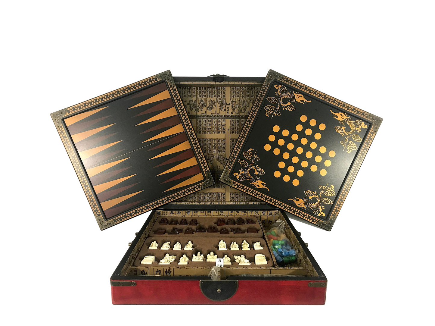 Vintage Games Compendium, Backgammon, Chess, Two Chinese Games in Golden Dragon & Phoenix Hand Painted Red Box