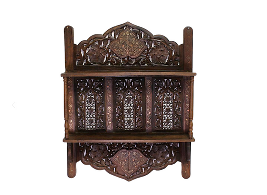 Antique Anglo Indian Carved Shesham Mahogany & Brass/Copper Inlaid Folding Wall Shelf / Bookcase