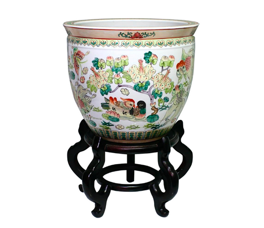 Ornate Chinese Porcelain Lotus Pond Planter With Stand, Goldfish, Ducks and Flowers (Republic)