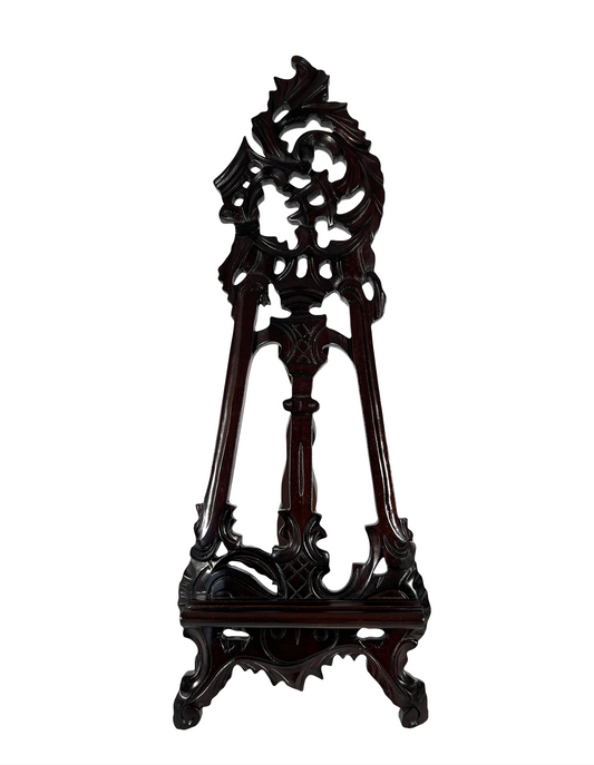 Large Ornate Vintage Carved Easel Style Dark Brown Mahogany Picture / Photo / Book / Plate Display Stand 20"