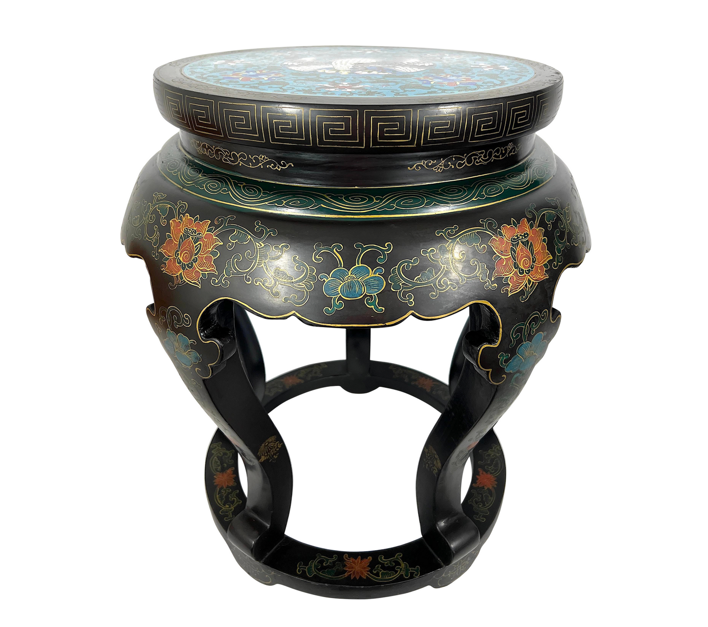 Large Red Crowned Crane Black Lacquer & Blue Cloisonné Chinese Stool or Side Table