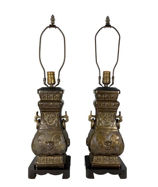 Archaic Chinese 'Hu' Form Verdigris Bronze Table Lamps on Chinoiserie Wood Stands, a Pair