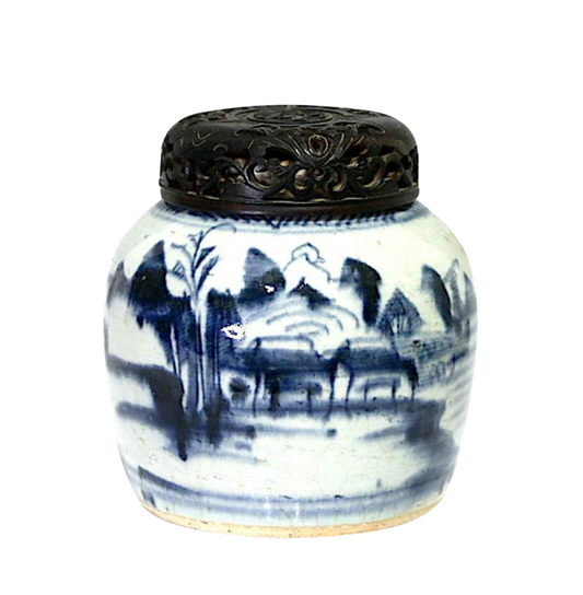 Antique 19th Century Chinese Blue & White Ceramic Ginger Jar With Carved Rosewood Cover (1850)