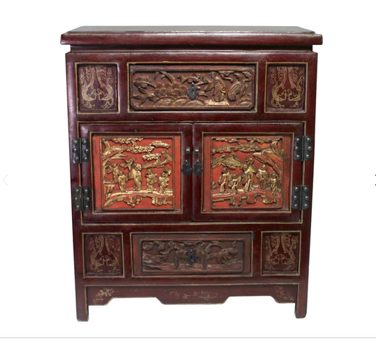 Antique Chinese Qing Dynasty Brick Red Lacquer Storage Cabinet With Hand Carved Gilt Panels