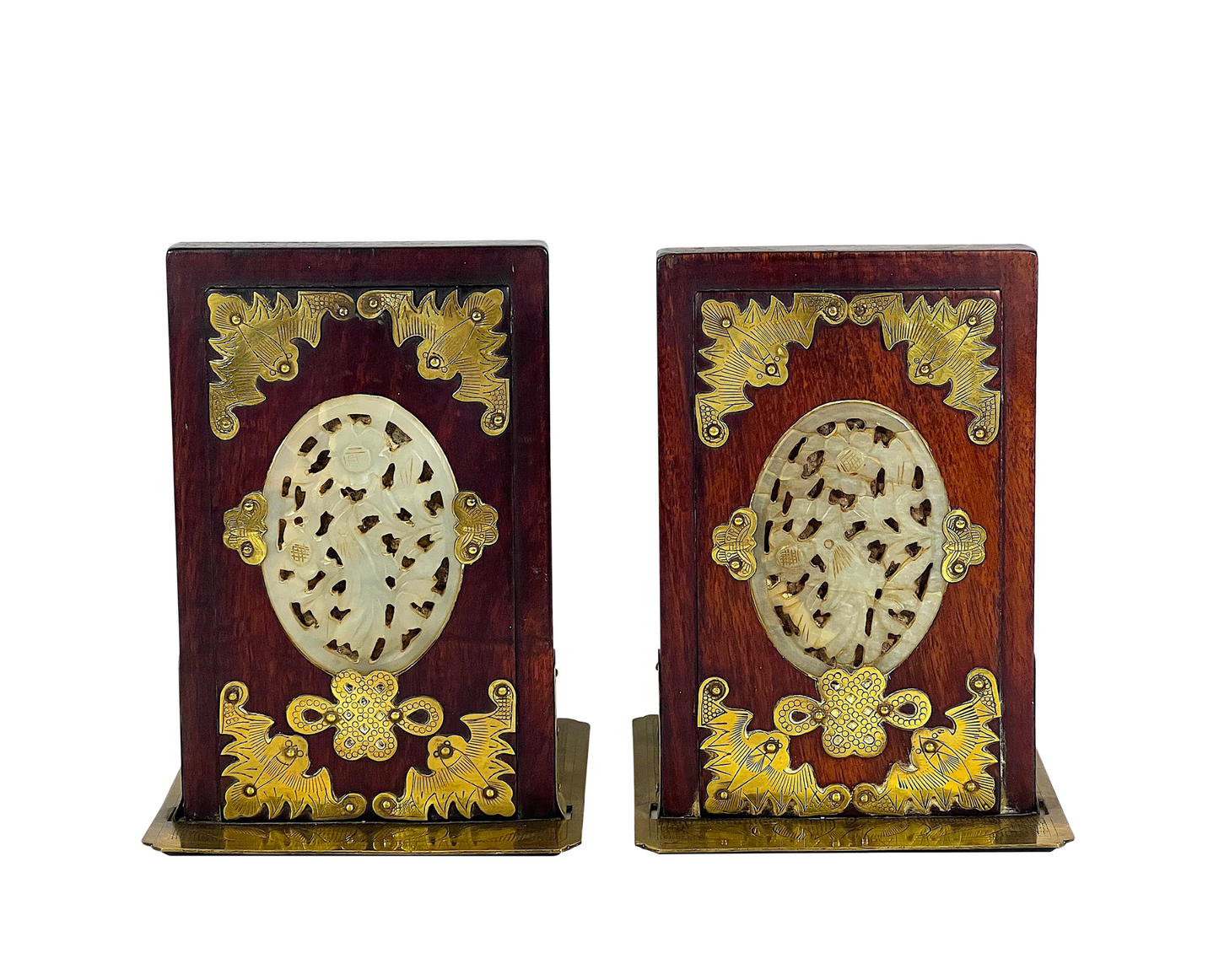 Mid Century Chinese Rosewood and Green Jade Pheonix Bookends With Auspicious Brass Bats and Butterflies