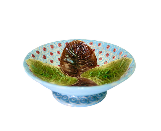 19th Century Antique English Majolica Blue Footed Pedestal Bowl "Leaf & Daisy" Design