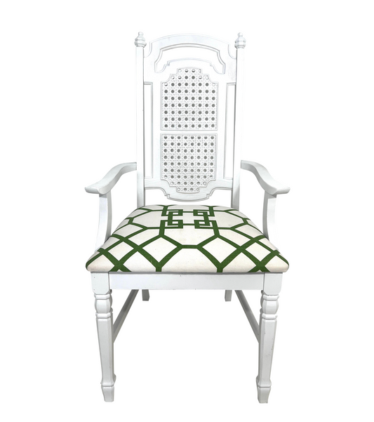 Vintage White & Green Hardwood Armchair / Side Chair With Woven Cane Back