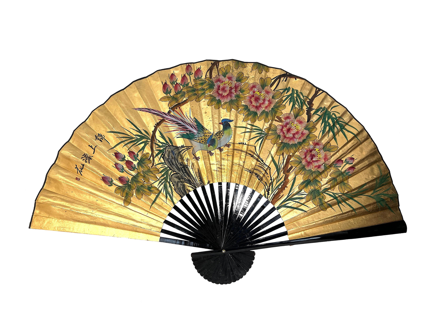 Massive Vintage Gold & Black Lacquer Oriental / Chinese Wall Fan With Phoenix Birds and Chrysanthemums