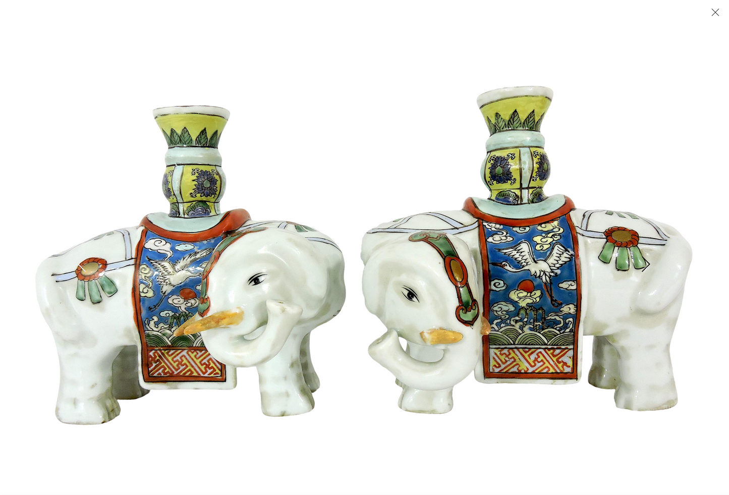 Antique Chinese Export White Caparisoned Elephant Famille Jaune Candleholders / Joss Stick Holders - a Pair