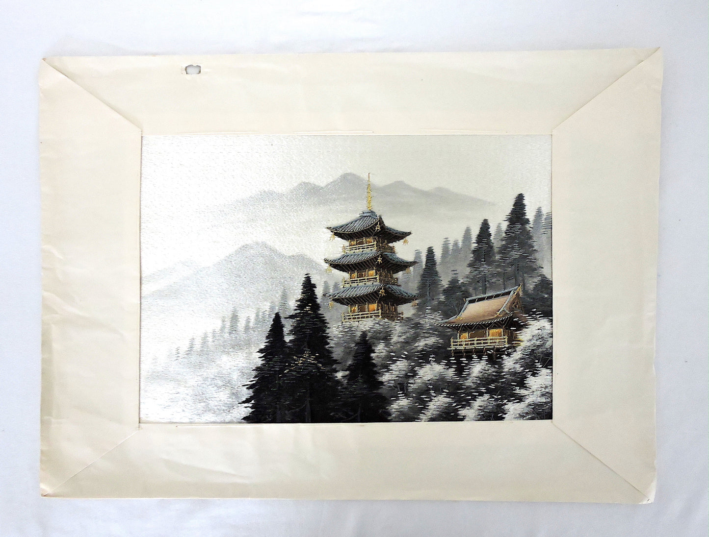 Silk & Gold Thread Embroidery of Pagoda, Winter Landscape by Shiga Embroidery Co, Japan