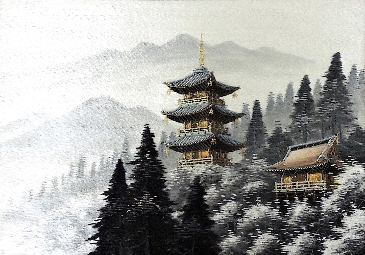 Silk & Gold Thread Embroidery of Pagoda, Winter Landscape by Shiga Embroidery Co, Japan