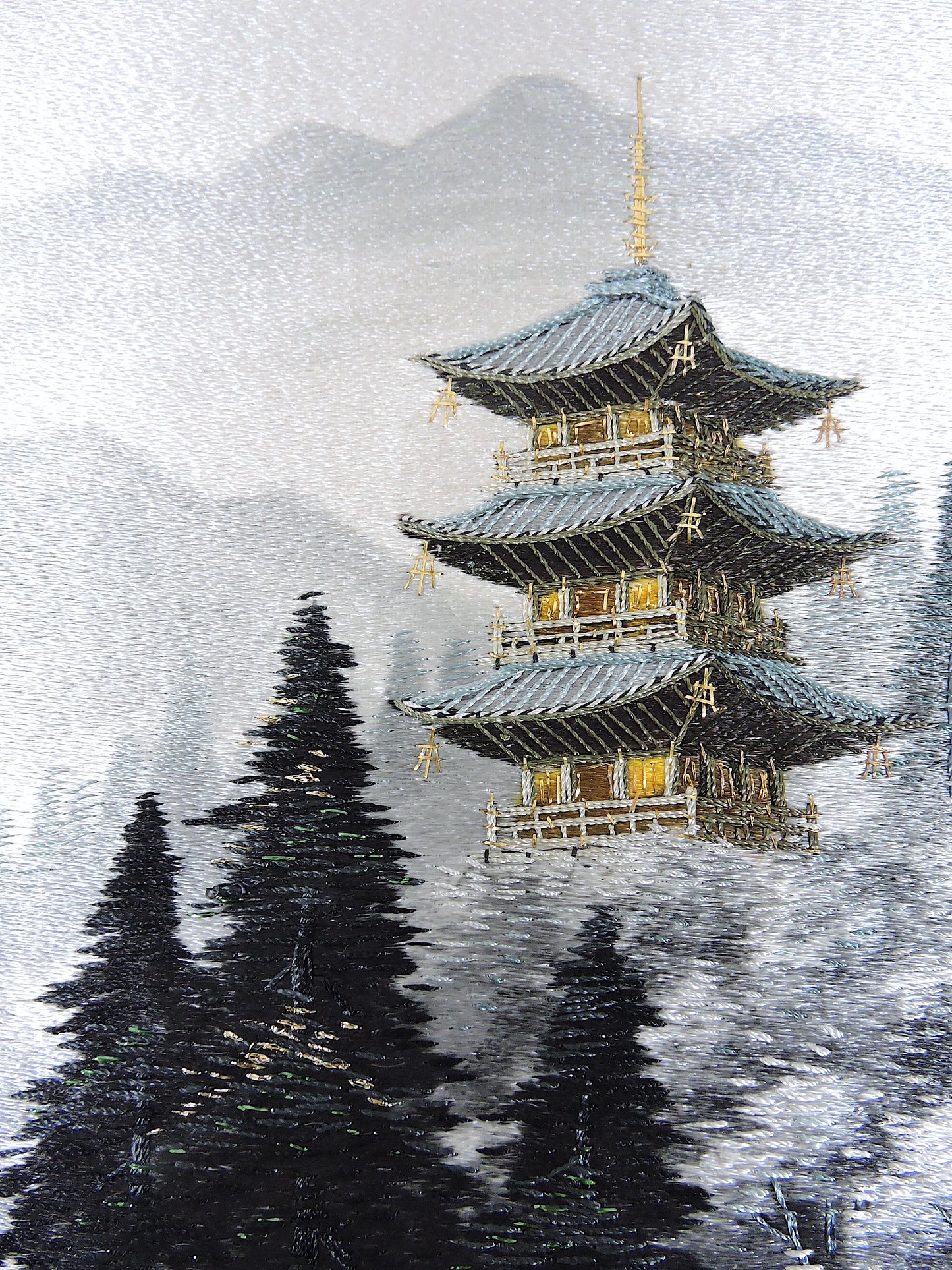 Silk & Gold Thread Embroidery of Pagoda, Winter Landscape by Shiga Embroidery Co, Japan