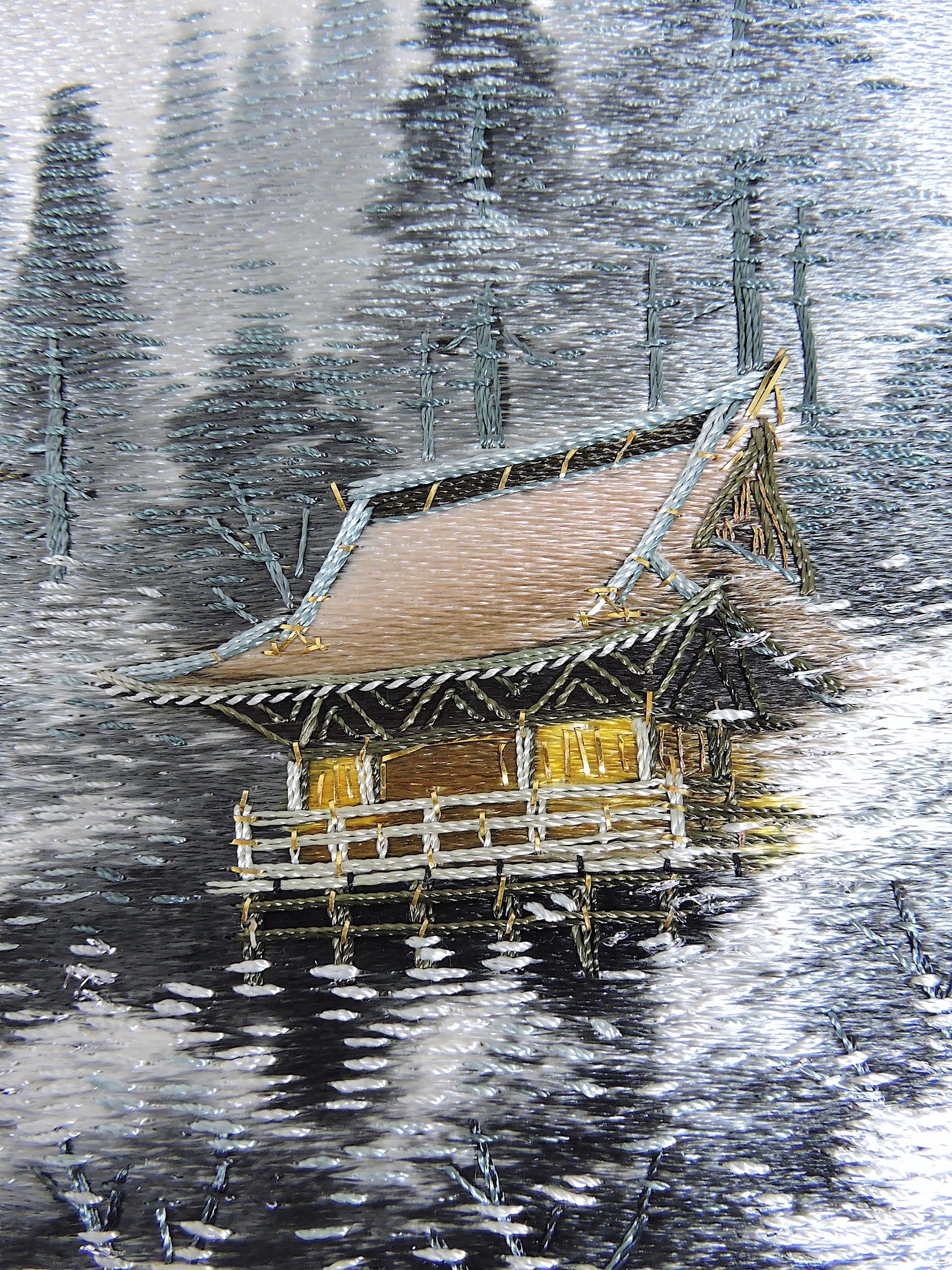 Silk & Gold Thread Embroidery of Pagoda, Winter Landscape by Shiga Embroidery Co, Japan