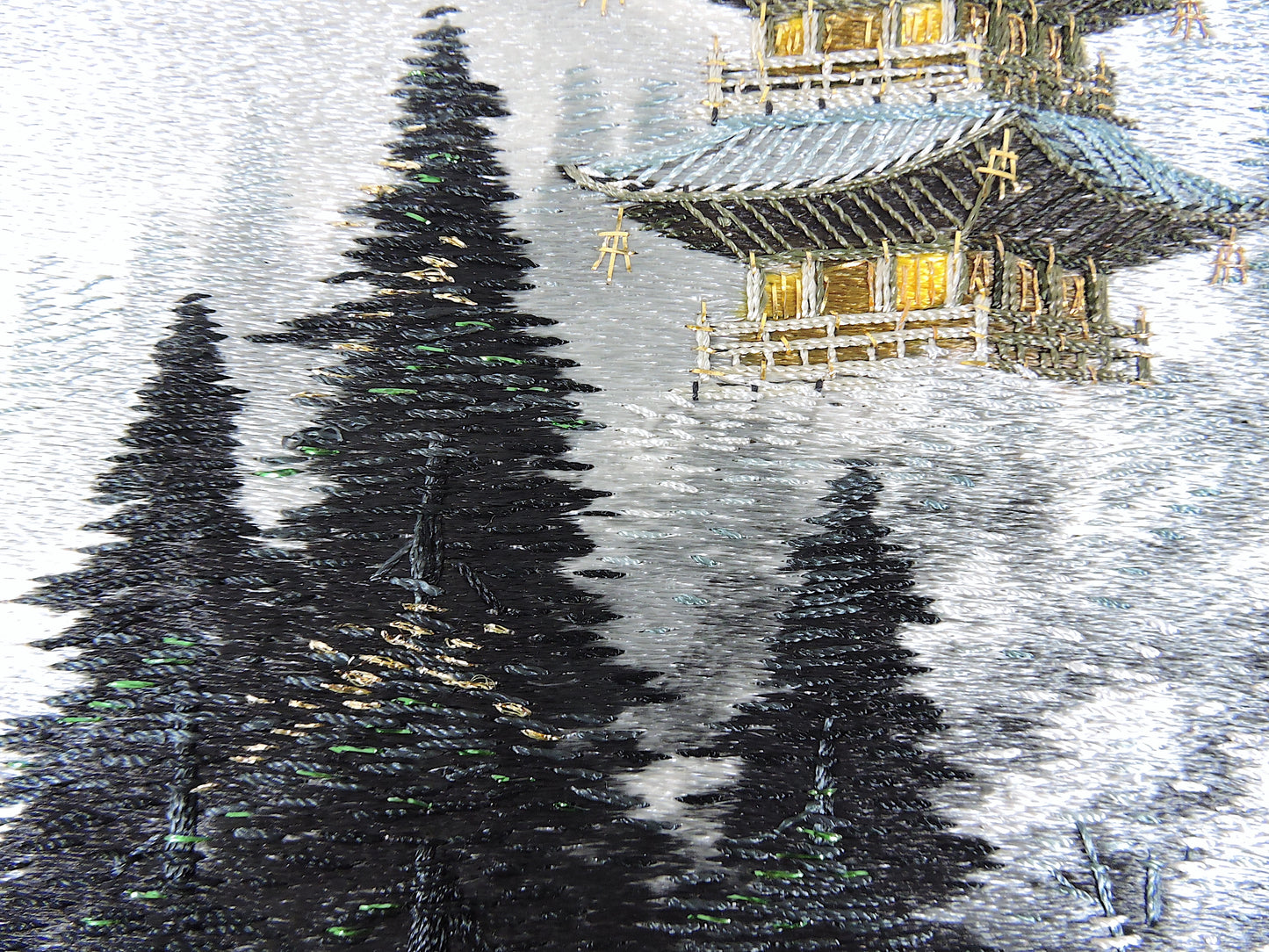 Silk & Gold Thread Embroidery of Pagoda, Winter Landscape by Shiga Embroidery Co, Japan