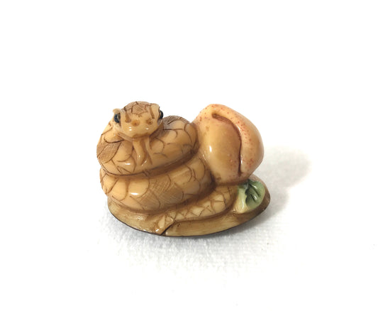 1980's Chinese Netsuke Style Coiled Snake Carving With Long Life Peach