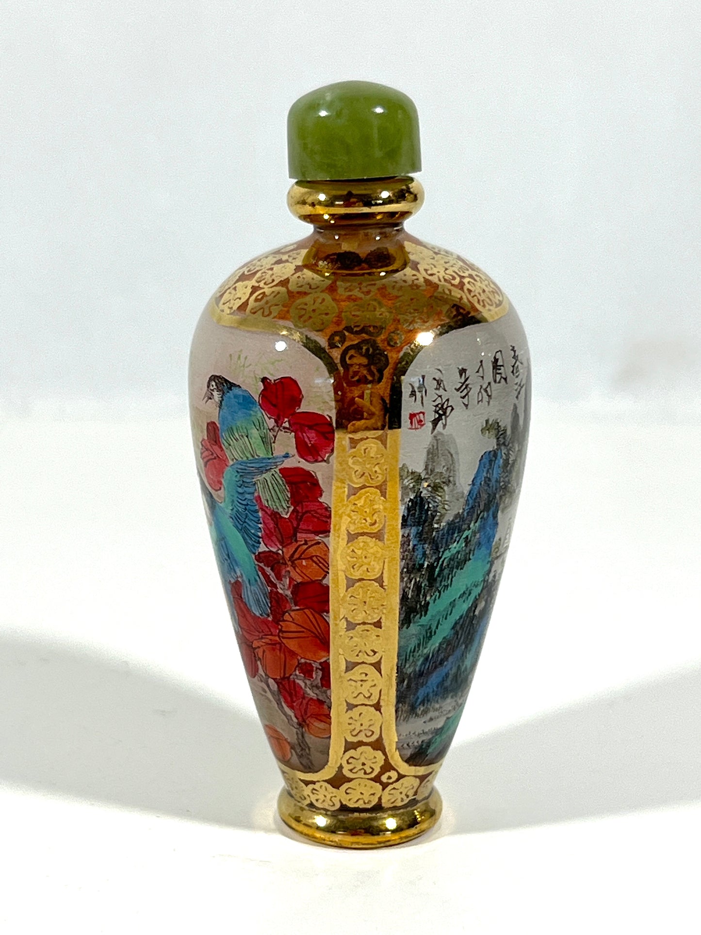 Fine Chinese Reverse Painted Glass Snuff Bottle, Jadeite Top, Gilt, Flowers and Landscape, Signed & Boxed