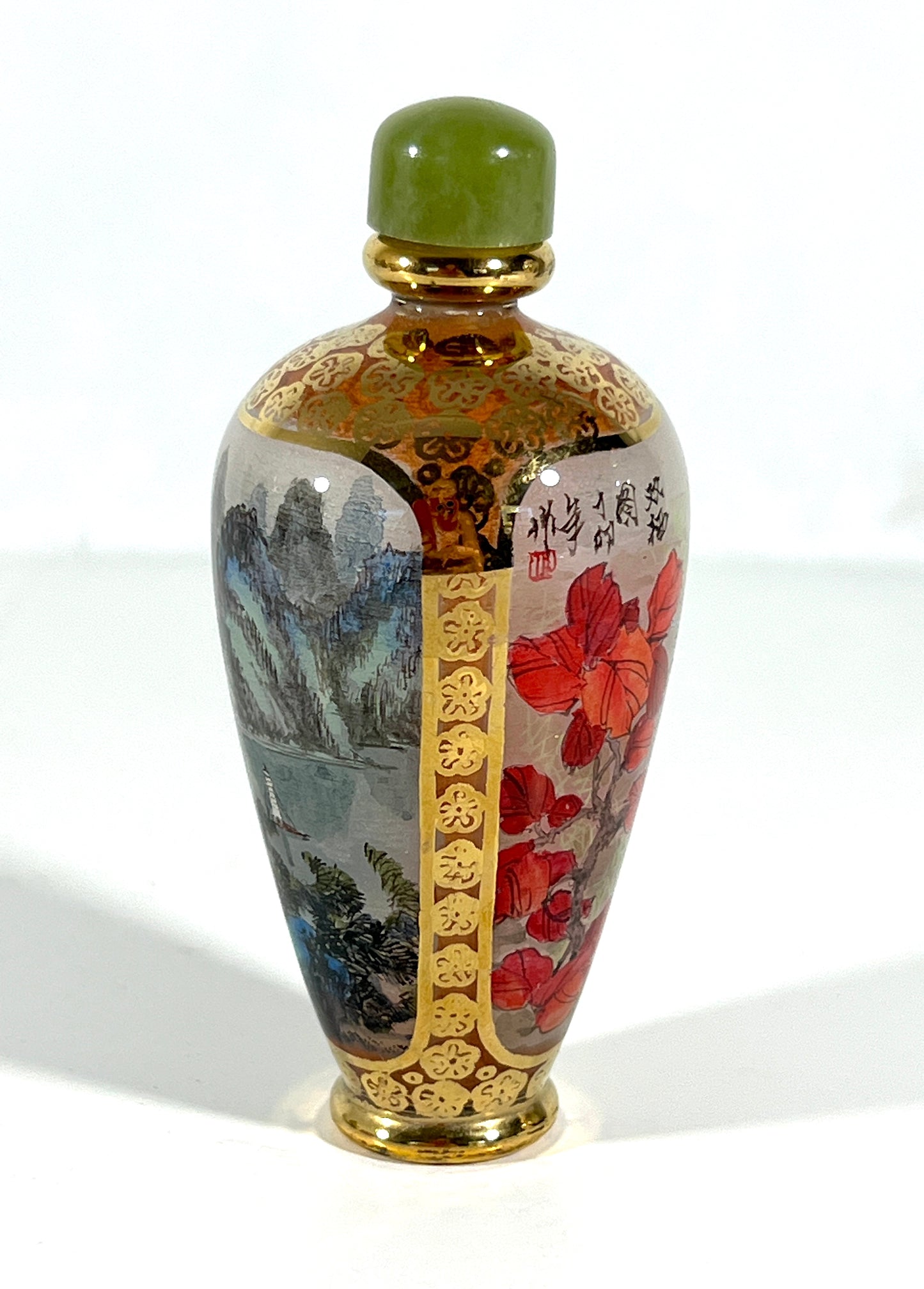 Fine Chinese Reverse Painted Glass Snuff Bottle, Jadeite Top, Gilt, Flowers and Landscape, Signed & Boxed