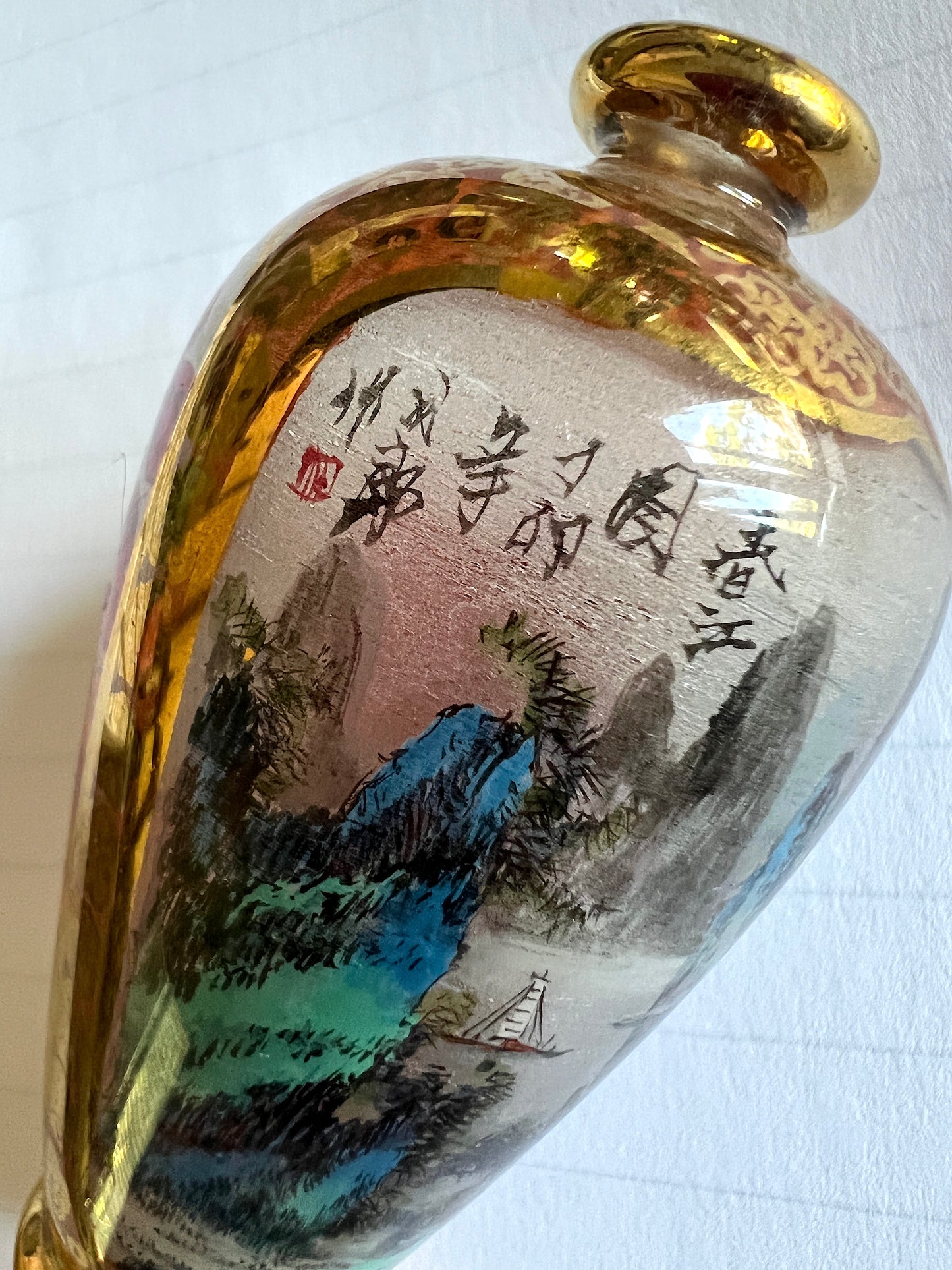 Fine Chinese Reverse Painted Glass Snuff Bottle, Jadeite Top, Gilt, Flowers and Landscape, Signed & Boxed