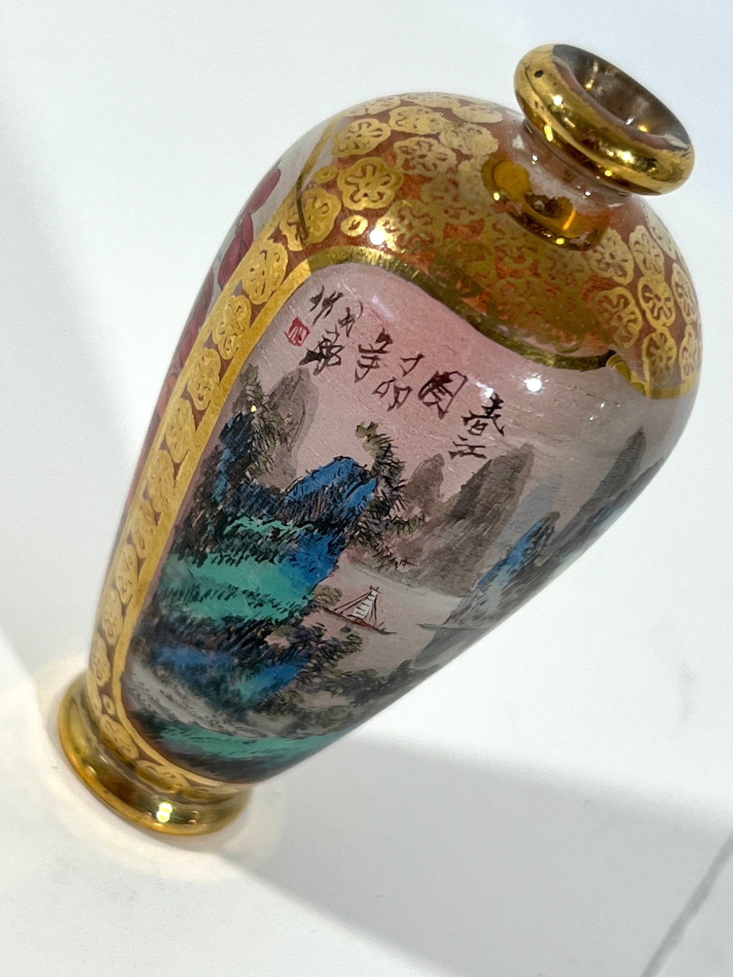 Fine Chinese Reverse Painted Glass Snuff Bottle, Jadeite Top, Gilt, Flowers and Landscape, Signed & Boxed