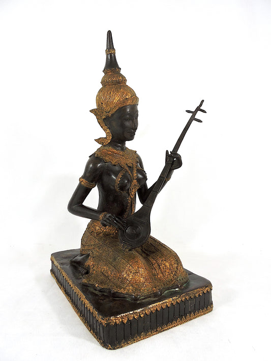 Early 20th Century Thai Bronze & Gilt Female Figure, the Phin Musician