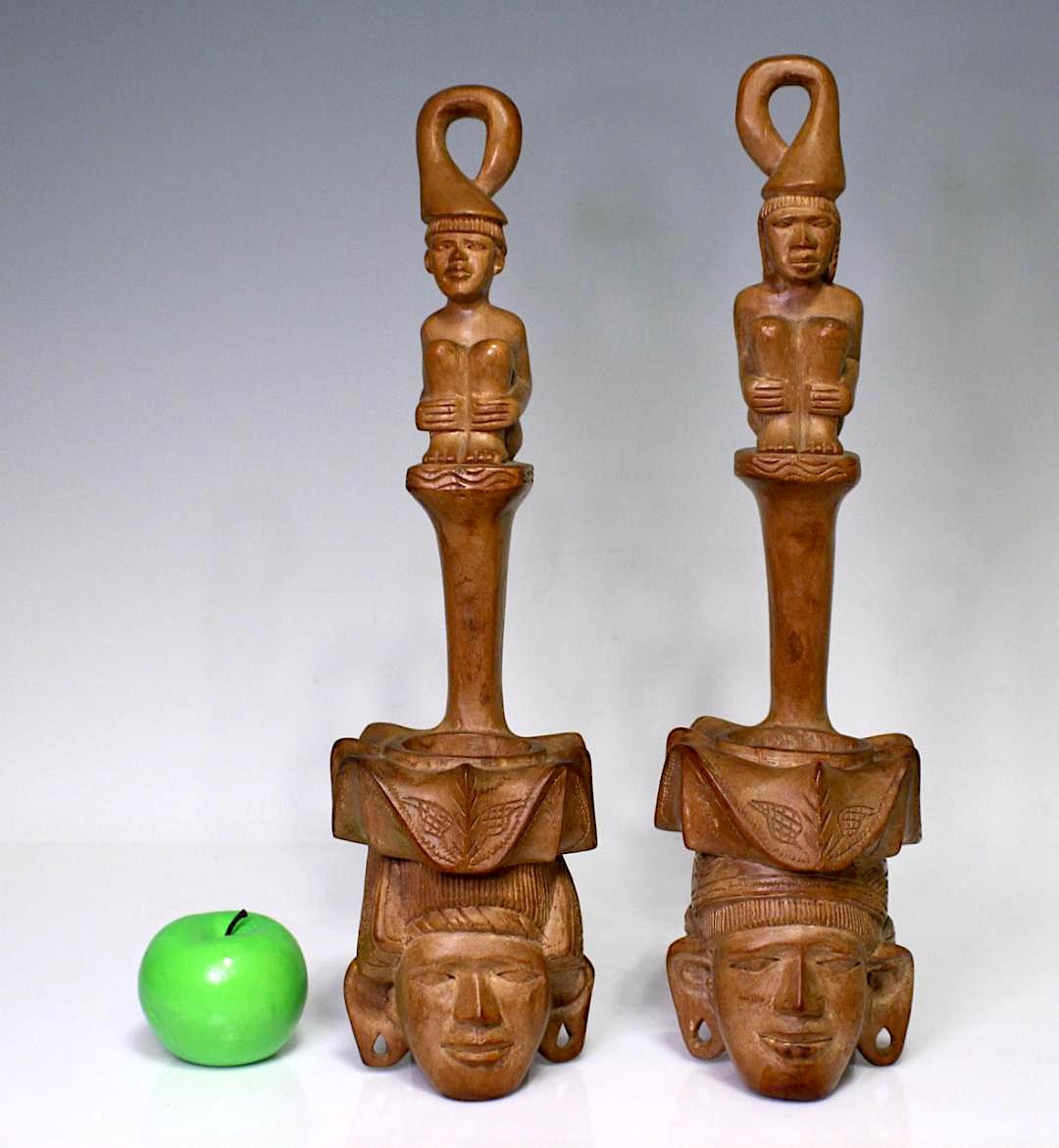 Large Vintage Austronesian Tiki Hand Carved Teak Figural Water Dippers / Ladles / Vases