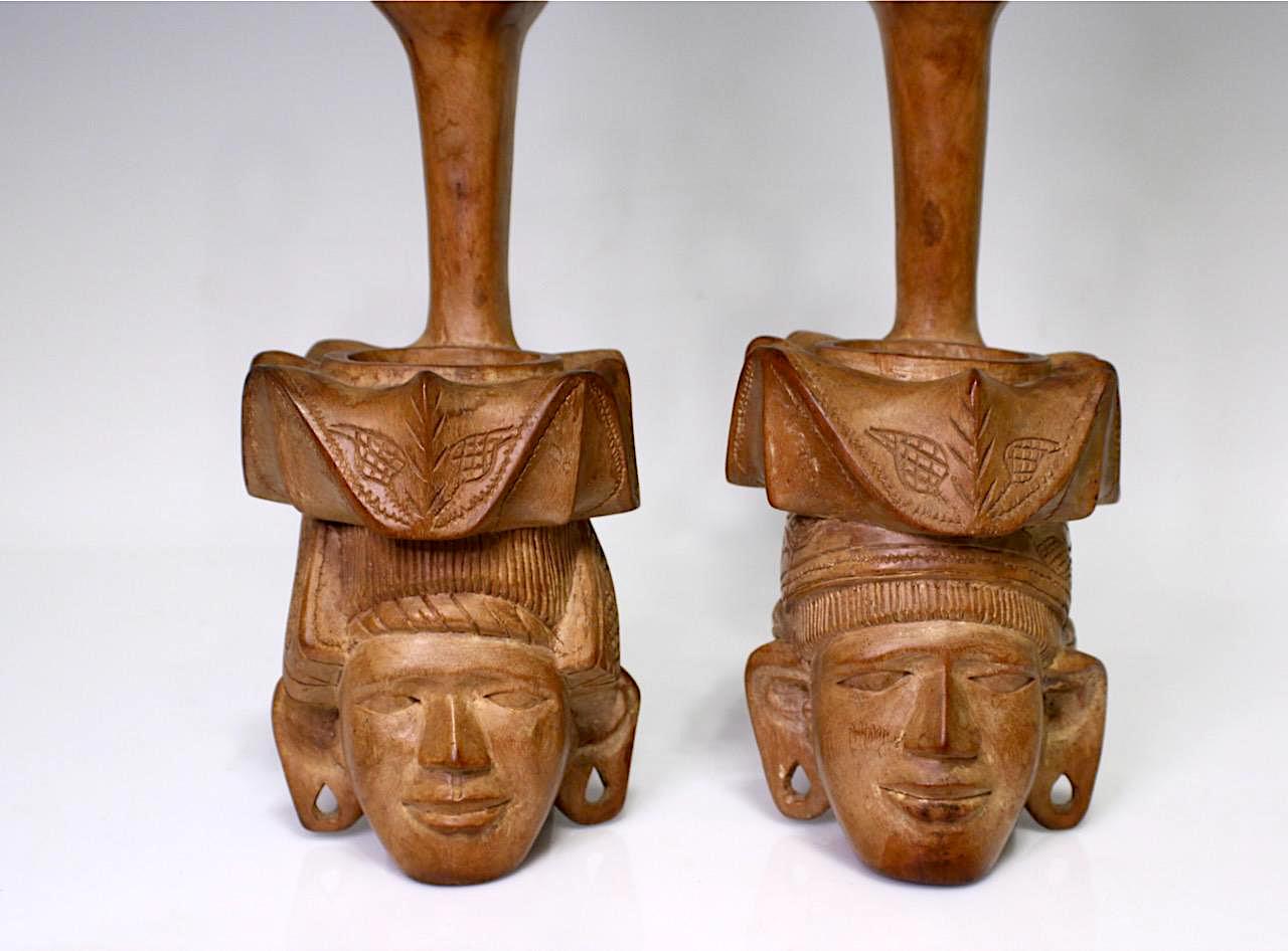 Large Vintage Austronesian Tiki Hand Carved Teak Figural Water Dippers / Ladles / Vases