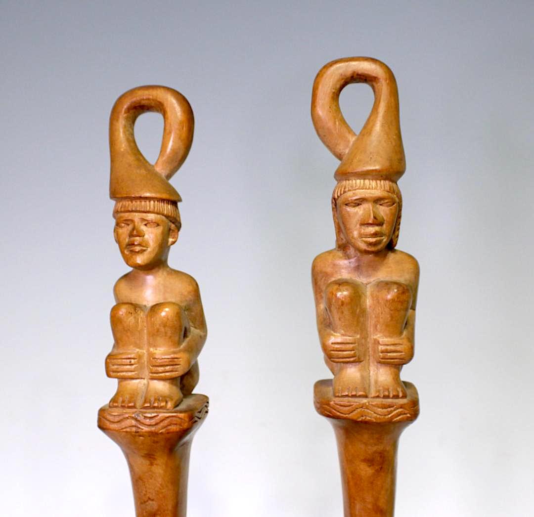 Large Vintage Austronesian Tiki Hand Carved Teak Figural Water Dippers / Ladles / Vases