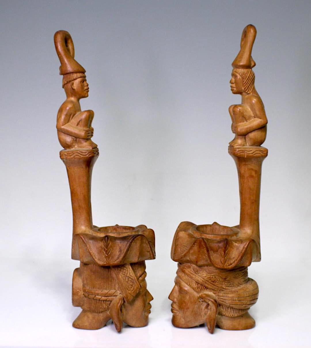 Large Vintage Austronesian Tiki Hand Carved Teak Figural Water Dippers / Ladles / Vases