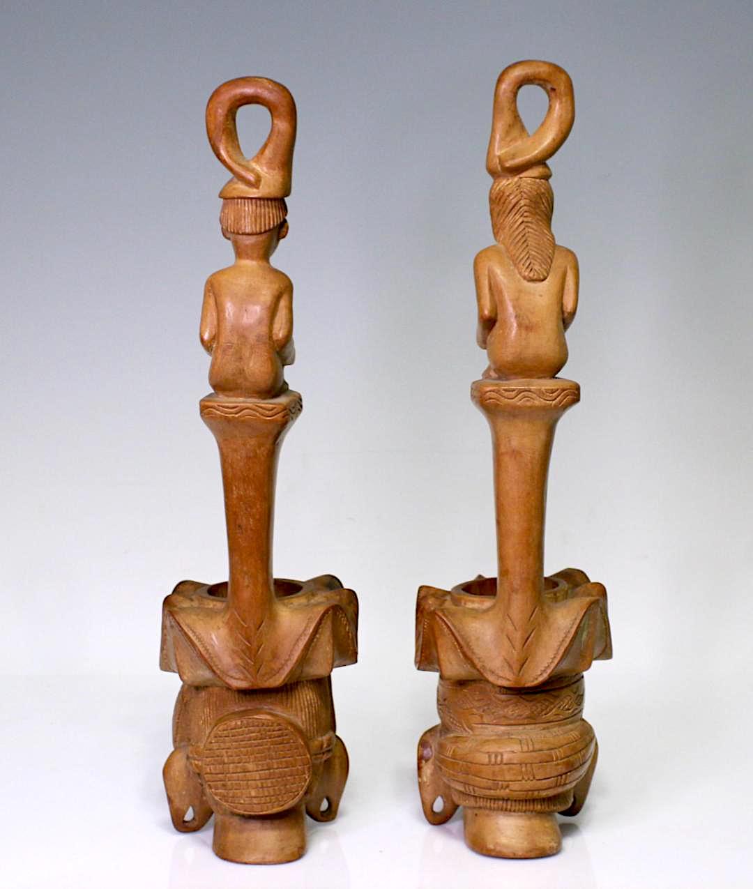 Large Vintage Austronesian Tiki Hand Carved Teak Figural Water Dippers / Ladles / Vases